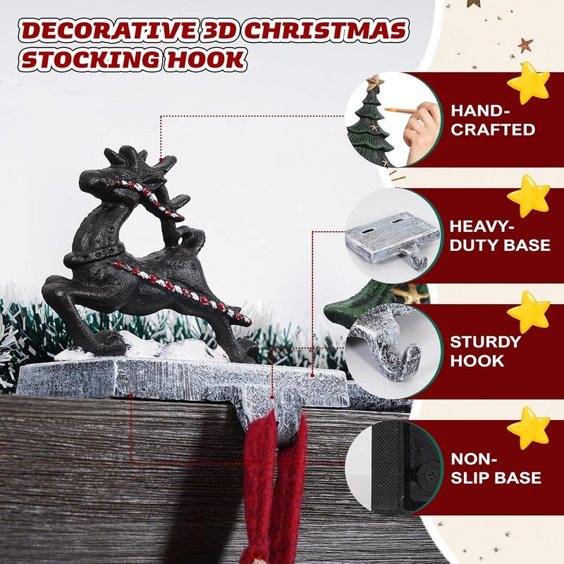 IGOHEALS Stocking Holders for Mantle – 3D Christmas Stocking Holder Heavy Duty Cast Iron Garland Hangers for Mantel with Non-Slip Base | Xmas Decor, Sturdy Fireplaces Hook (Tree and Deer) - Image 5